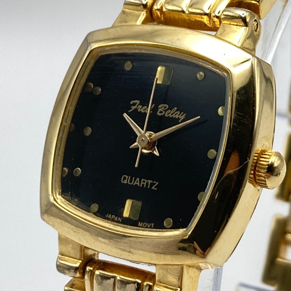 Vtg Fred Belay Women's Watch 23mm Gold Tone Square Black Dial New Battery 6.75"